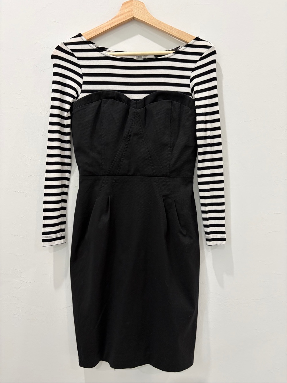 BCBGMaxAzria Black Dress with Black-and-White Striped Sleeves